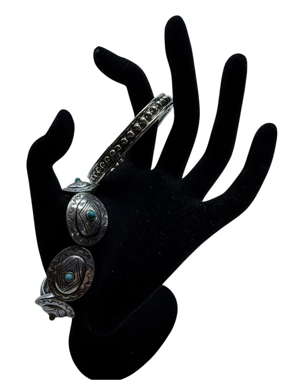 Silver Tones Faux Turquoise Concho Cuff Bracelet - Silver Beaded Stretch Set 2